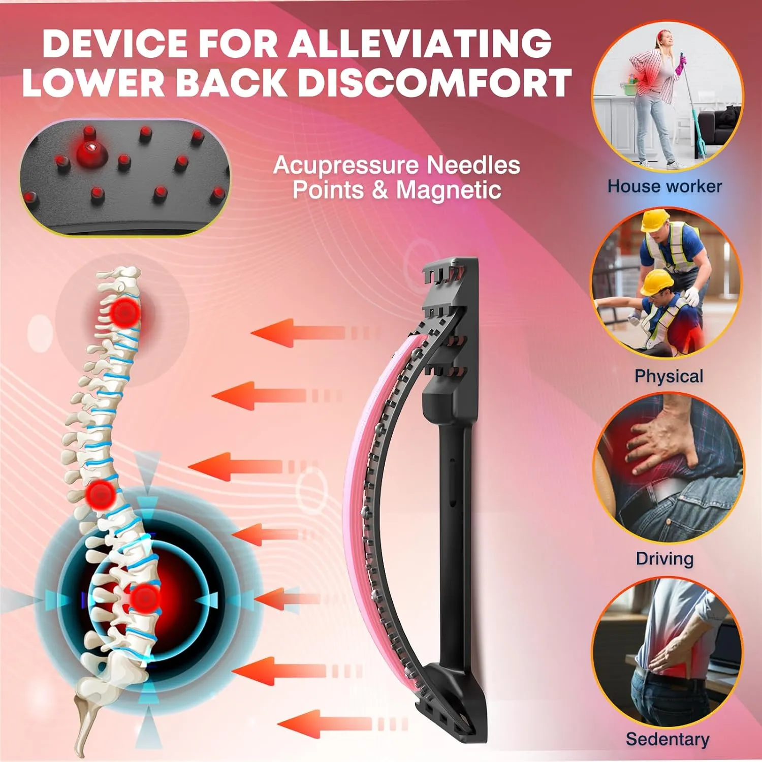 Back Stretcher Lumbar with 4 Level Adjustable Lower Backs Pain Relief Upgraded Multi-Level Back Support Stretcher Spinal Board Device for Herniated Disc, Sciatica, Scoliosis-Pink