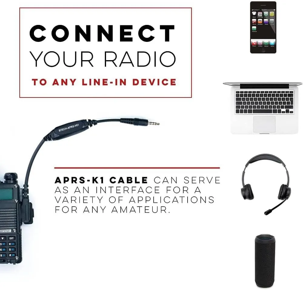 BTECH APRS-K1 Multi-Function Universal Audio Interface Cable - Supports APRSpro, APRSDroid - Android & iOS Compatible - Supports, BaoFeng, TYT, Wouxun, AnyTone, Kenwood, and More