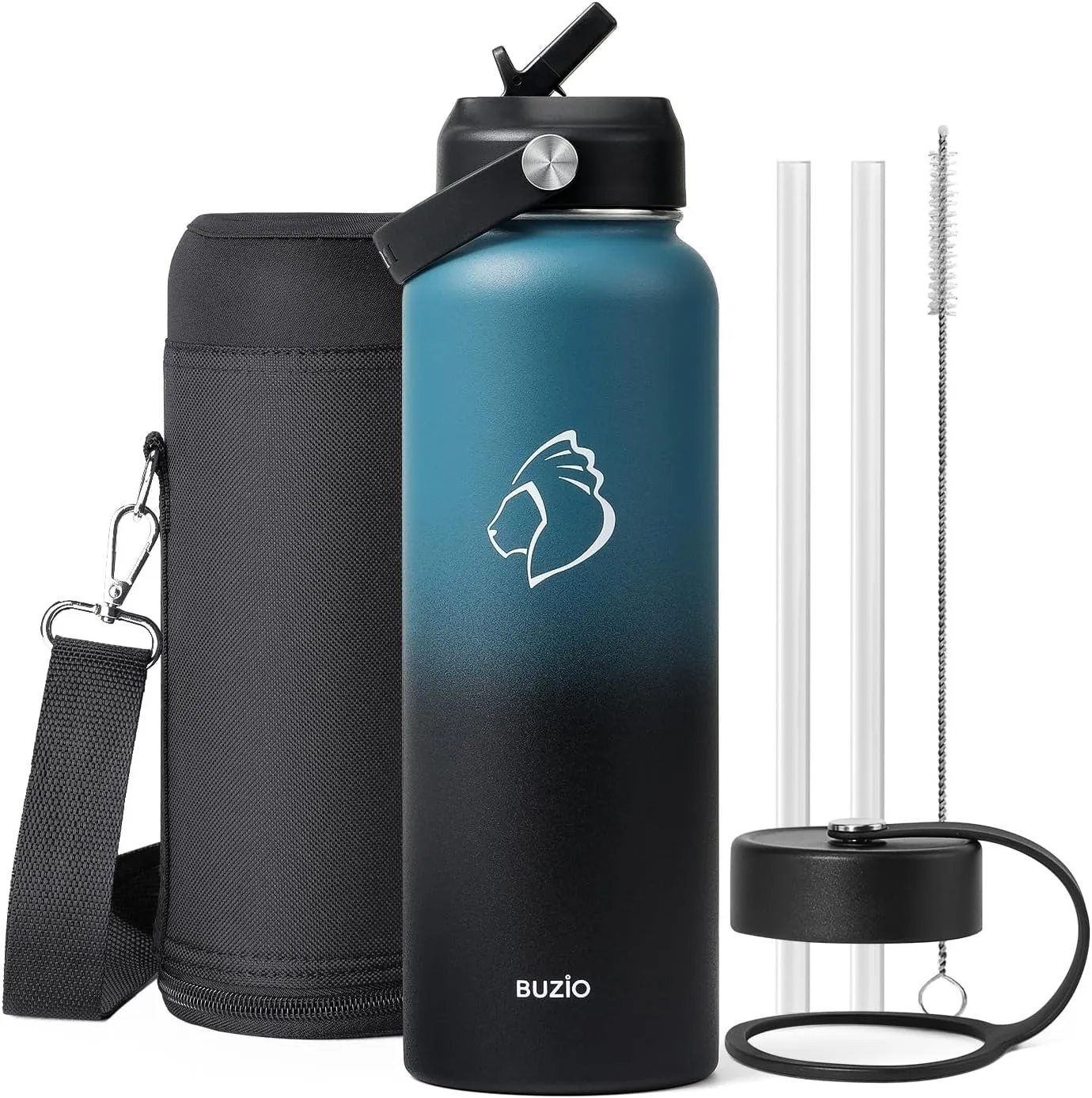 BUZIO Water Bottle with Straw Lid and Flex Cap, 40oz Double Vacuum Stainless Steel Water Flask, Cold for 48 Hrs Hot for 24 Hrs Simple Thermo Canteen Mug, Indigo Black