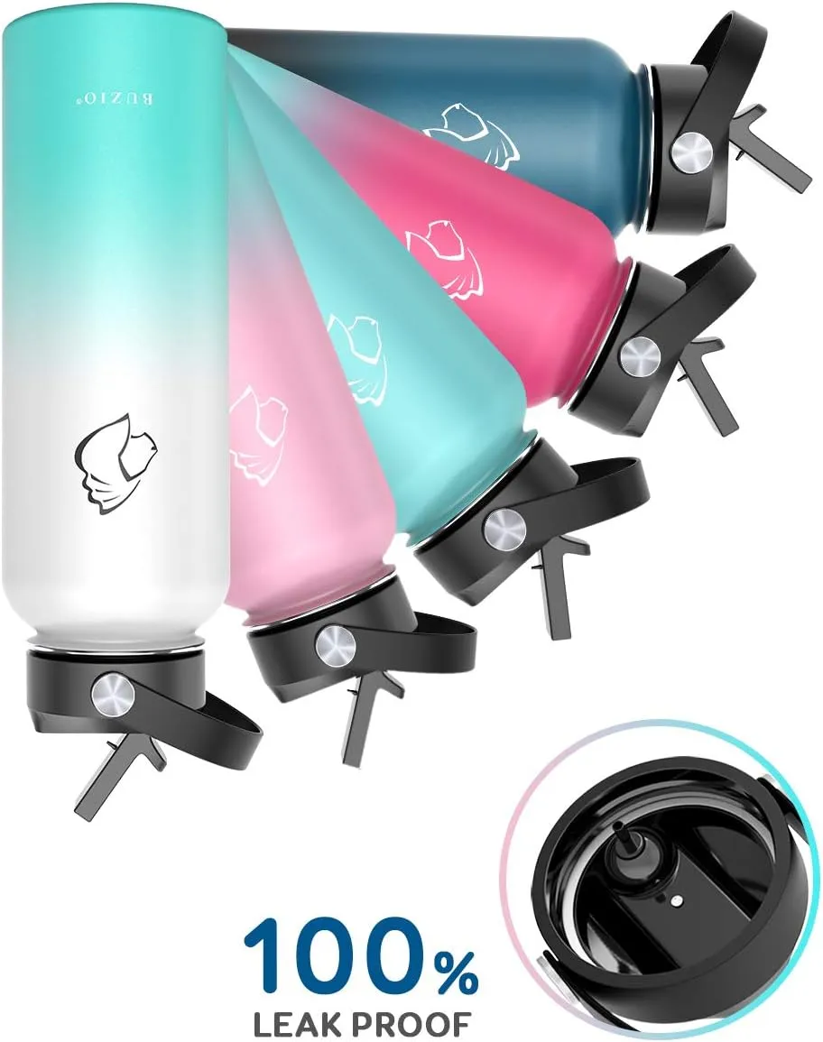 BUZIO Water Bottle with Straw Lid and Flex Cap, 40oz Double Vacuum Stainless Steel Water Flask, Cold for 48 Hrs Hot for 24 Hrs Simple Thermo Canteen Mug, Indigo Black