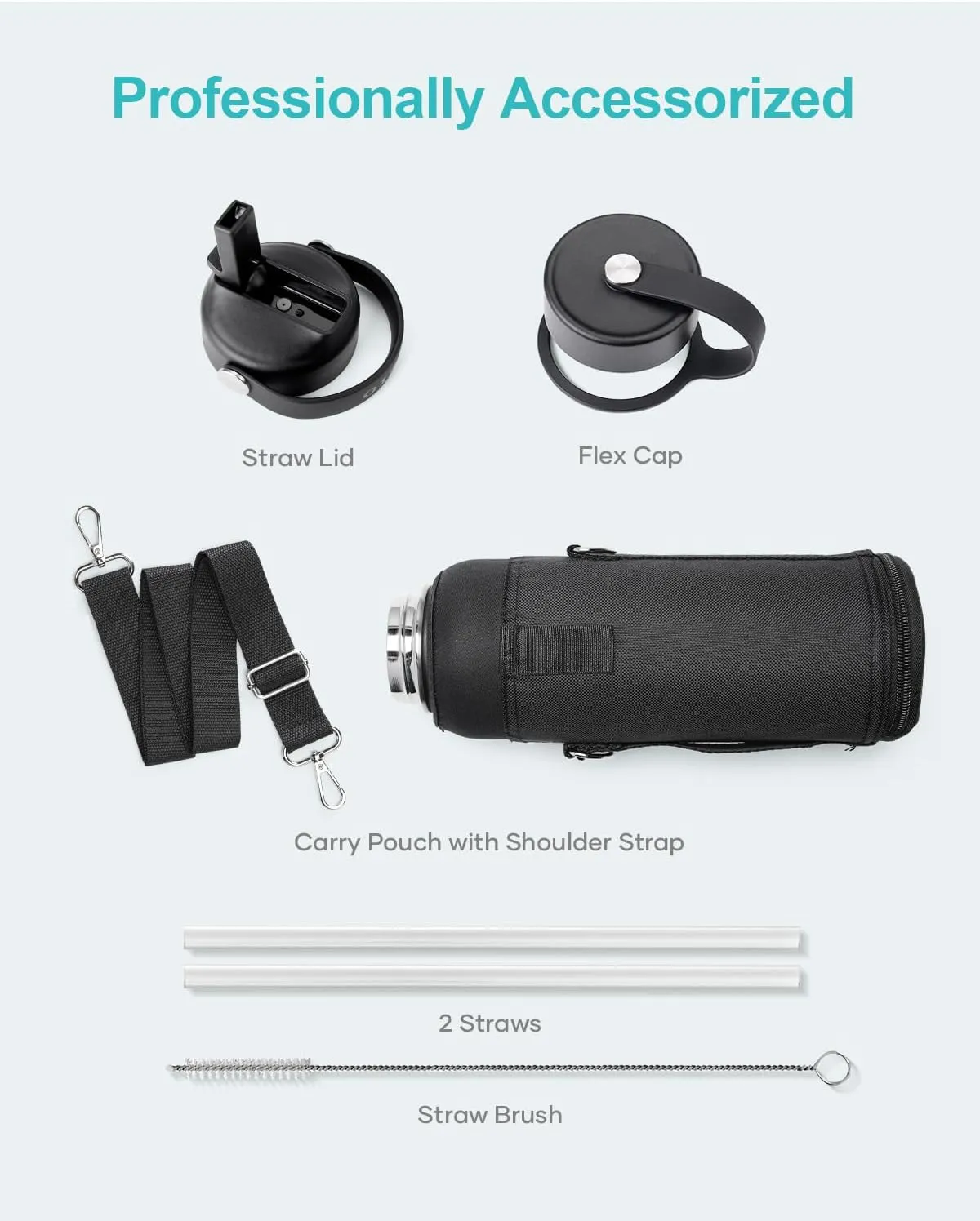 BUZIO Water Bottle with Straw Lid and Flex Cap, 40oz Double Vacuum Stainless Steel Water Flask, Cold for 48 Hrs Hot for 24 Hrs Simple Thermo Canteen Mug, Indigo Black