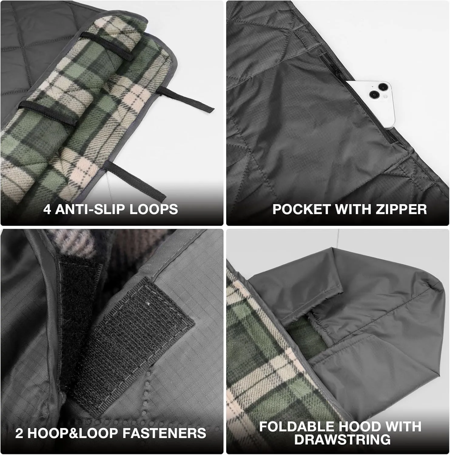 DUKUSEEK Waterproof Stadium Blanket, Hooded Outdoor Blankets Waterproof Windproof for Cold Weather, Emergency Warm Blanket with Quilted Cotton and Thick Fleece for Picnic, Camping, Outdoor Sports