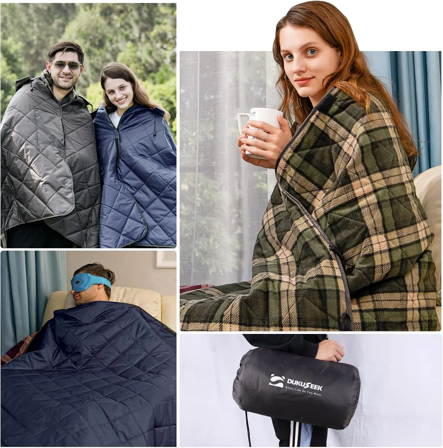 DUKUSEEK Waterproof Stadium Blanket, Hooded Outdoor Blankets Waterproof Windproof for Cold Weather, Emergency Warm Blanket with Quilted Cotton and Thick Fleece for Picnic, Camping, Outdoor Sports
