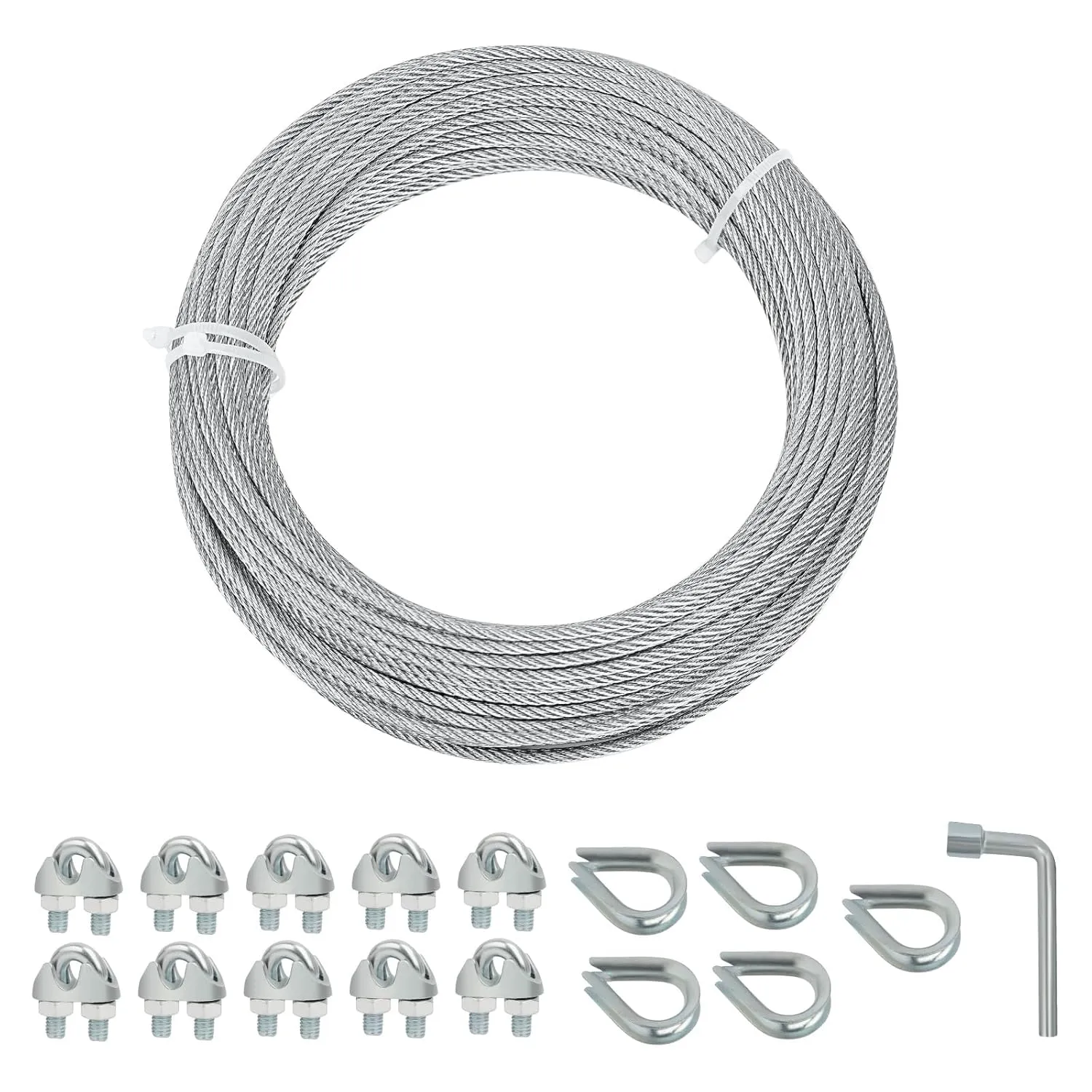 Galvanized Steel Wire Rope Cable, 1/8 Galvanized Steel Cable with Rope Clamp and Thimble, 7X7 Strand Core Aircraft Cable Used for Anchored Shed, Fencing, Sunshade, Clothesline (50ft)
