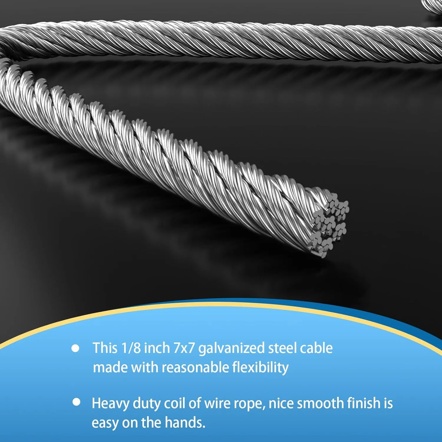 Galvanized Steel Wire Rope Cable, 1/8 Galvanized Steel Cable with Rope Clamp and Thimble, 7X7 Strand Core Aircraft Cable Used for Anchored Shed, Fencing, Sunshade, Clothesline (50ft)