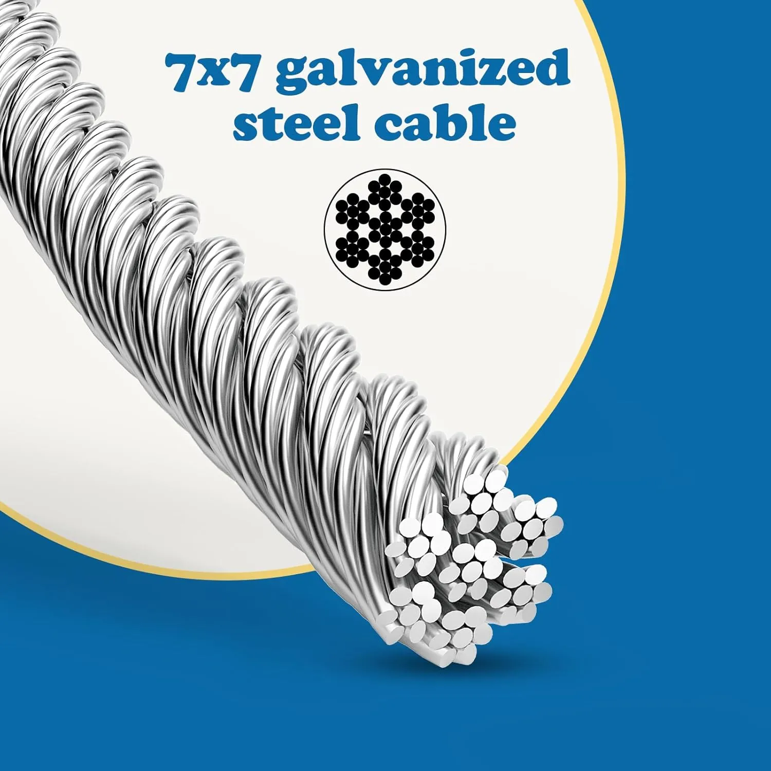Galvanized Steel Wire Rope Cable, 1/8 Galvanized Steel Cable with Rope Clamp and Thimble, 7X7 Strand Core Aircraft Cable Used for Anchored Shed, Fencing, Sunshade, Clothesline (50ft)