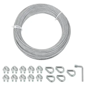 Galvanized Steel Wire Rope Cable, 1/8 Galvanized Steel Cable with Rope Clamp and Thimble, 7X7 Strand Core Aircraft Cable Used for Anchored Shed, Fencing, Sunshade, Clothesline (50ft)