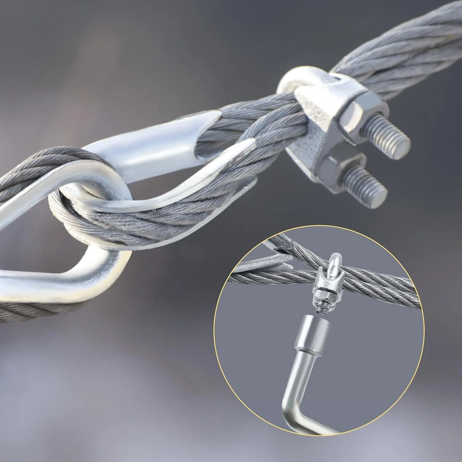 Galvanized Steel Wire Rope Cable, 1/8 Galvanized Steel Cable with Rope Clamp and Thimble, 7X7 Strand Core Aircraft Cable Used for Anchored Shed, Fencing, Sunshade, Clothesline (50ft)