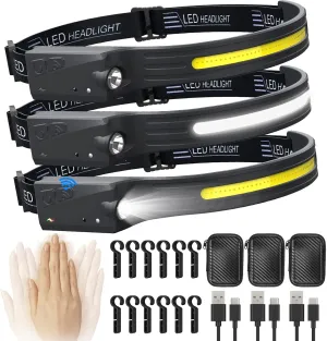 Headlamp Rechargeable 3PCS, 5 Modes LED COB Head lamp with Motion Sensor for Adults,IPX 4 230 Wide Beam Headlamps Flashlight for Camping, Hiking, Fishing, Running