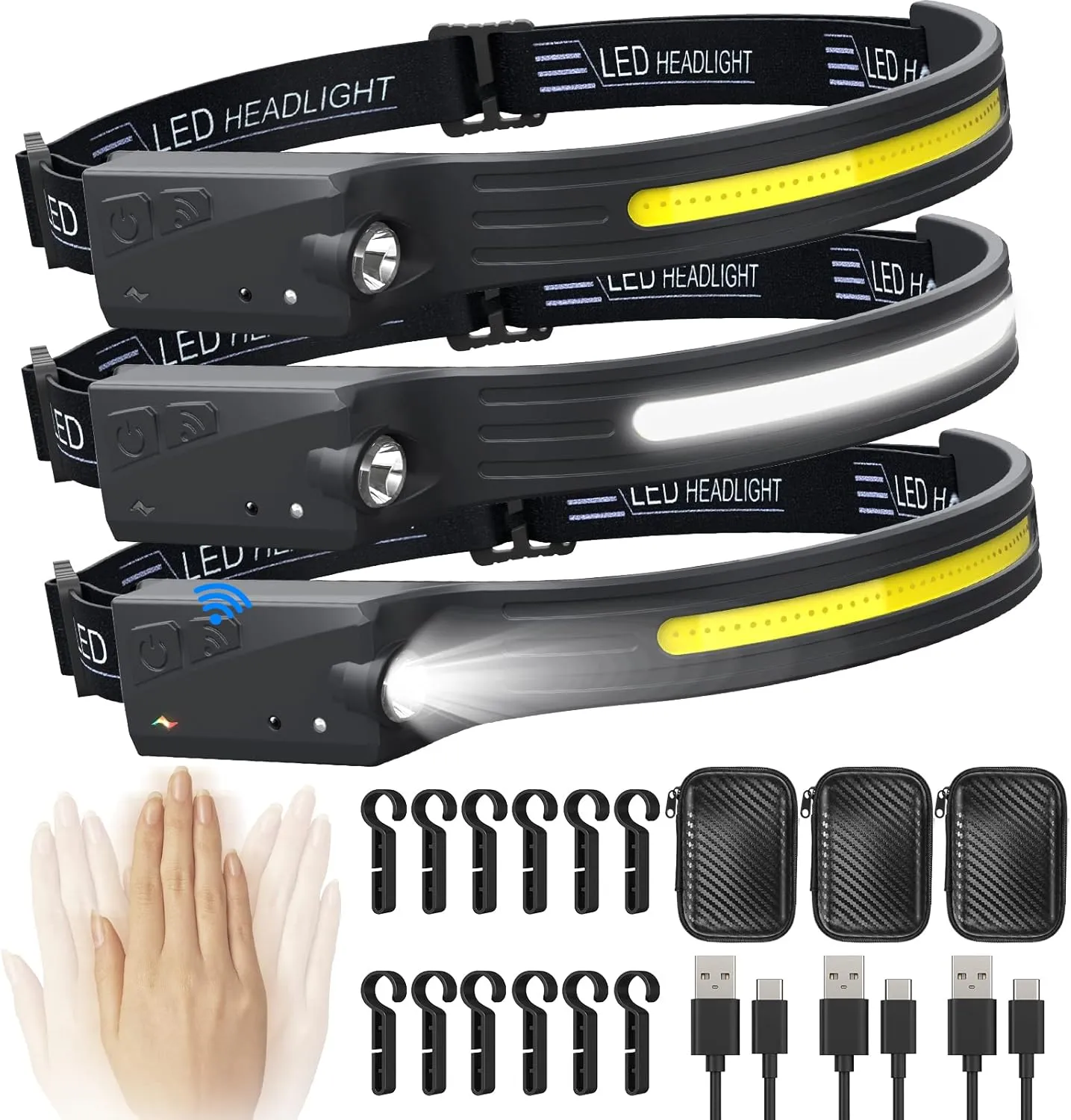 Headlamp Rechargeable 3PCS, 5 Modes LED COB Head lamp with Motion Sensor for Adults,IPX 4 230 Wide Beam Headlamps Flashlight for Camping, Hiking, Fishing, Running