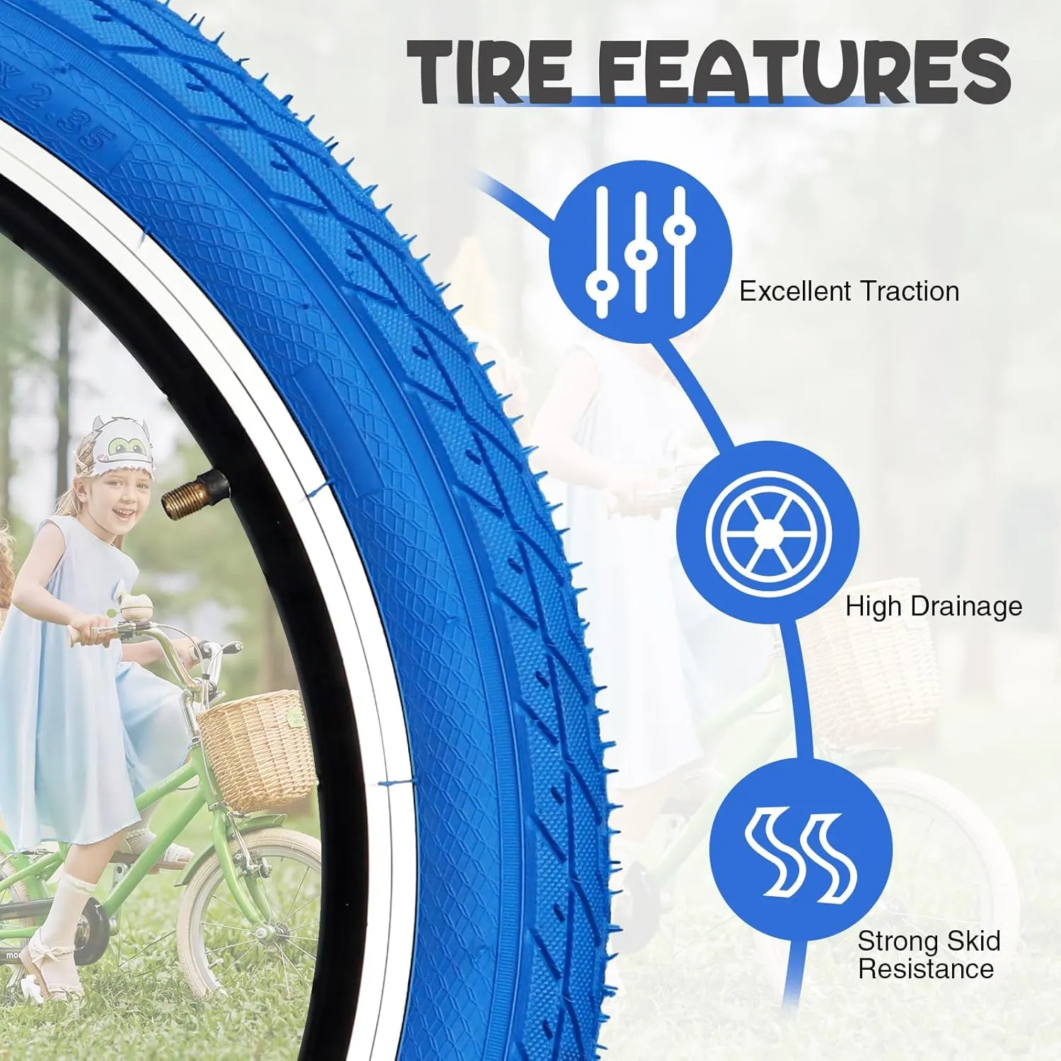 MEGHNA Bike Tire 20 inch Mountain Bike Tire with Lever 60-406 Foldable Tire 20 x 2.35 inch Replacement Grooved for BMX Freestyle Kids Cruiser Bike
