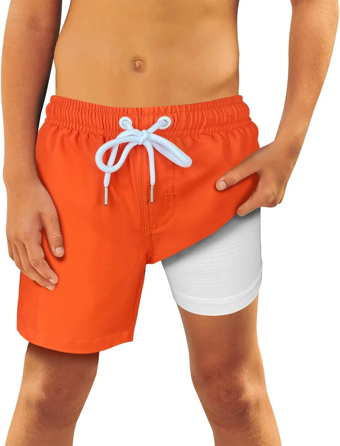 QRANSS Boys Swim Trunks Toddler Swim Shorts with Compression Liner Anti Chafe 2 in 1 Bathing Suit Swimsuit Swimwear