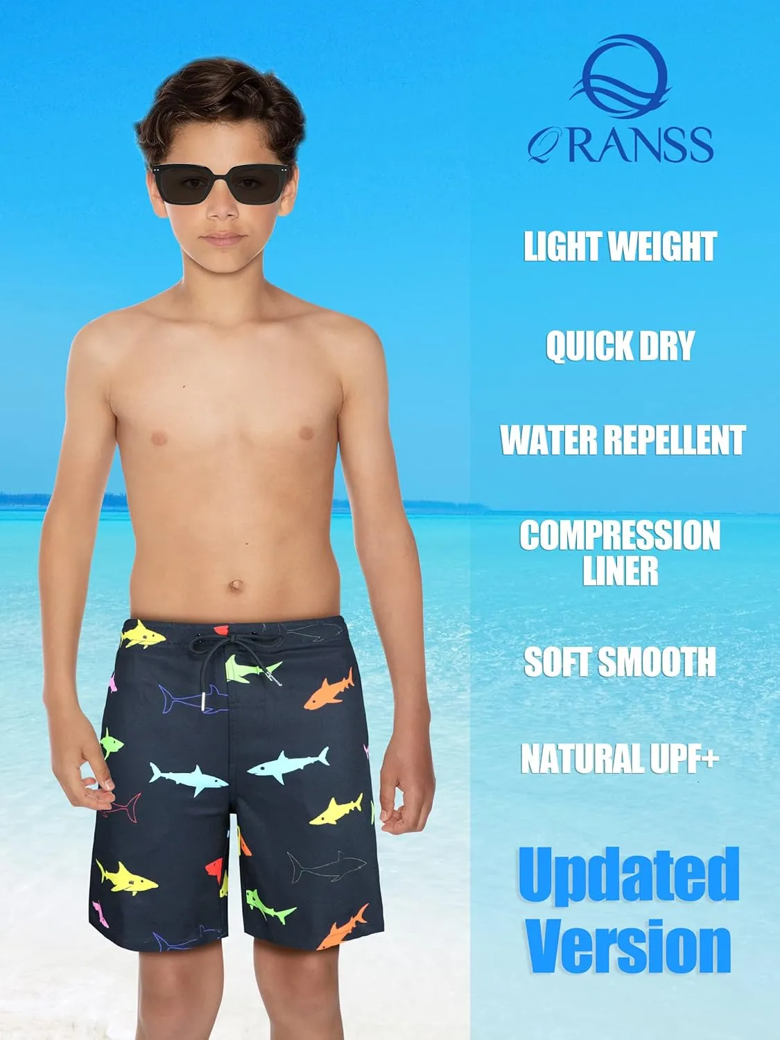 QRANSS Boys Swim Trunks with Compression Liner,No Mesh Anti-Chafing Comfy Swimming Trunks with Boxer Brief Liner,Size 6-20