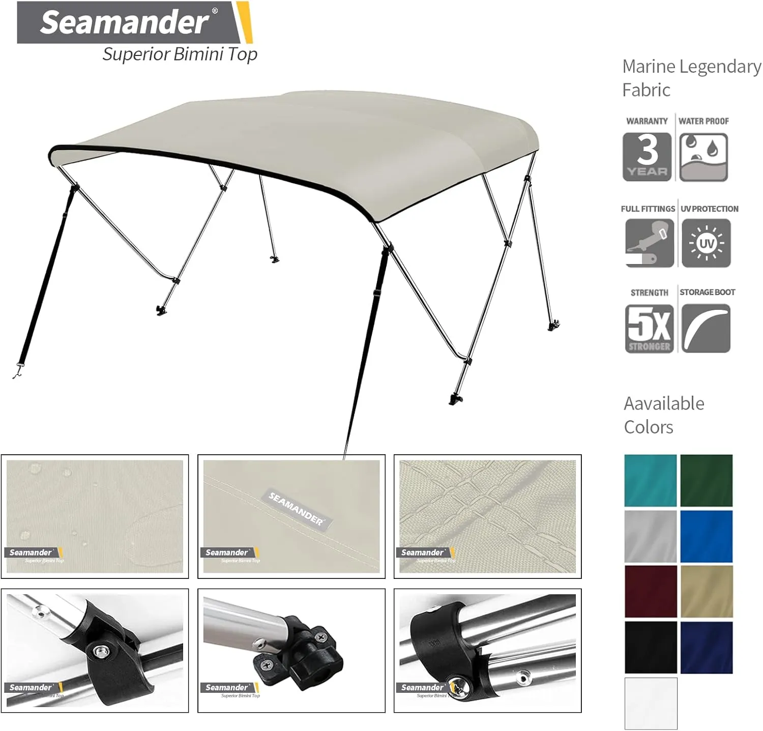 Seamander 3 Bow Marine Grade Polyester Boat Bimini Top, 600D Solution-Dyed Canvas, 4 Adjustable Nylon Straps, 2 Rear Support Poles, 13 Sizes, 10 Colors (3 Bow 6'L x 85"- 90" W x 46" H,Beige)