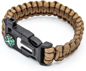 Survival Bracelet and Multitool - Mini Compass, Emergency Whistle, Cord Sheer, and Flint - Tactical, Outdoors, Emergency, & Camping