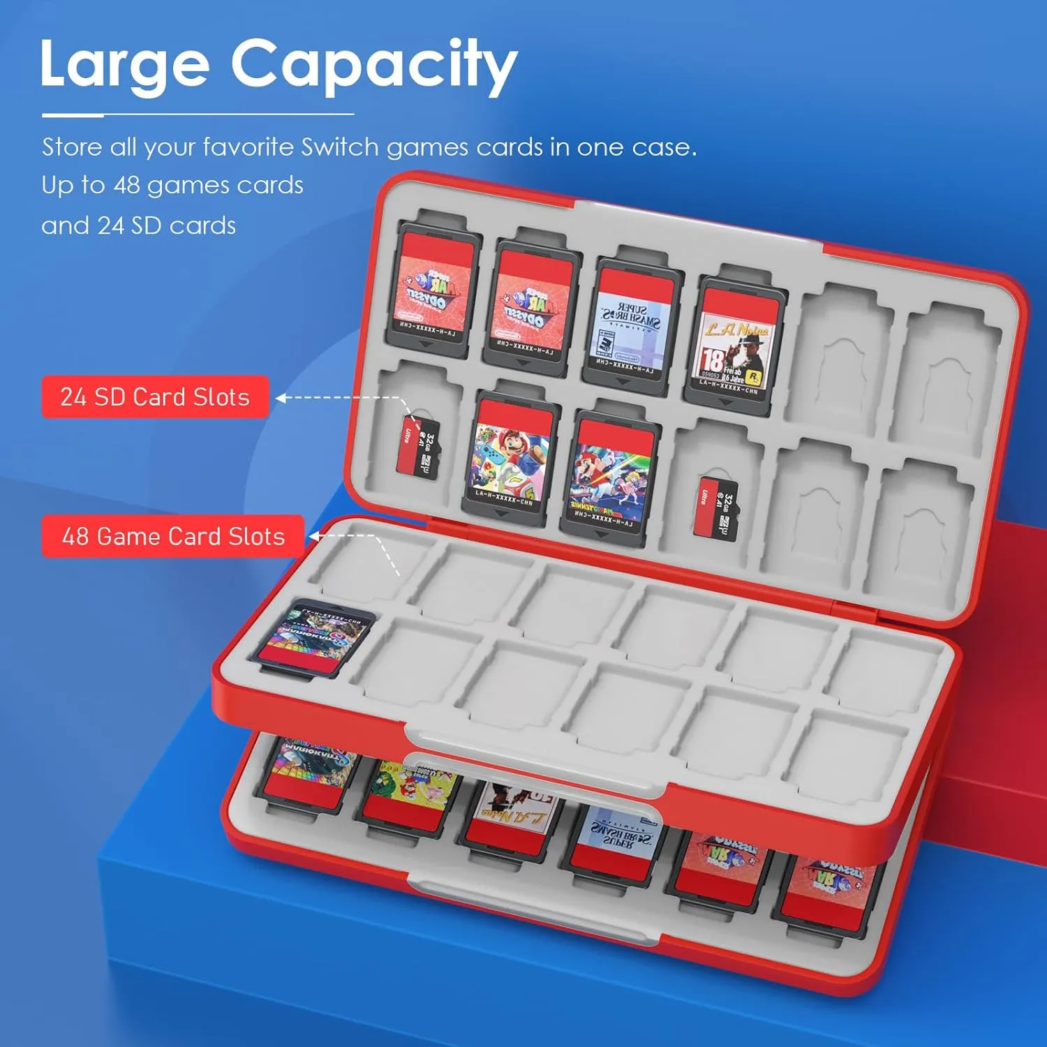 TiMOVO 48 Game Card Case for Nintendo Switch OLED 2021/Switch/Switch lite, 48 Game Holder Cartridge Case for Switch Cards and 24 SD Cards, Compact & Portable Game Storage Cases Box, Red
