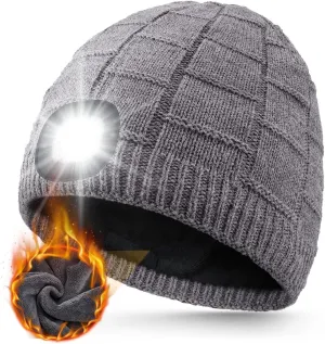 Unisex Plush Beanie with Light, Fleece Lined USB Rechargeable LED Headlamp Hat, Christmas Stocking Stuffers Gifts Warm Knitted Cap for Men Women Dad Mom, Hatlight for Fishing Hiking Hunting Gray