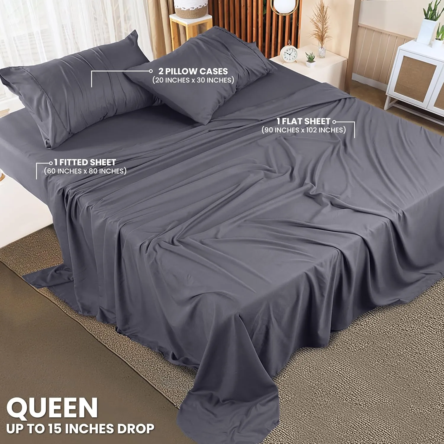 Utopia Bedding Queen Sheet Set  4 Piece Bed Sheets for Queen Size Bed, Soft and Breathable Microfiber, Includes 1 Fitted Sheet, 1 Flat Sheet and 2 Pillowcases (Grey)