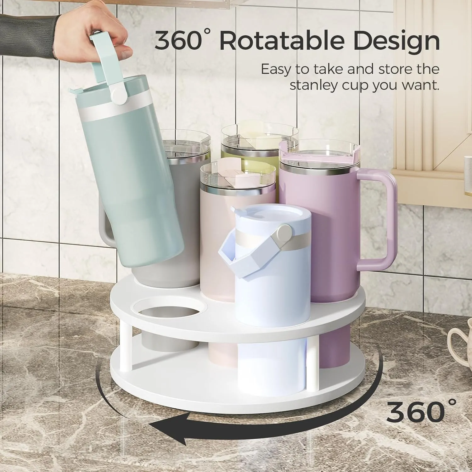 Water Bottle Organizer for Stanley 20/30/40oz, Rotating Stanley Tumbler Cup Organizer Holder for Kitchen Cabinets, Tumbler Lazy Susan, Coffee Syrup Organizer, White
