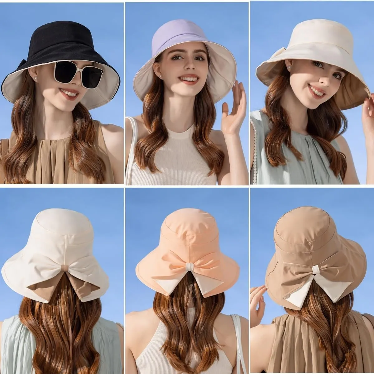Womens Wide Brim Sun Hats UPF50  UV Packable Beach Hat Summer Bow Decoration Bucket Cap for Travel