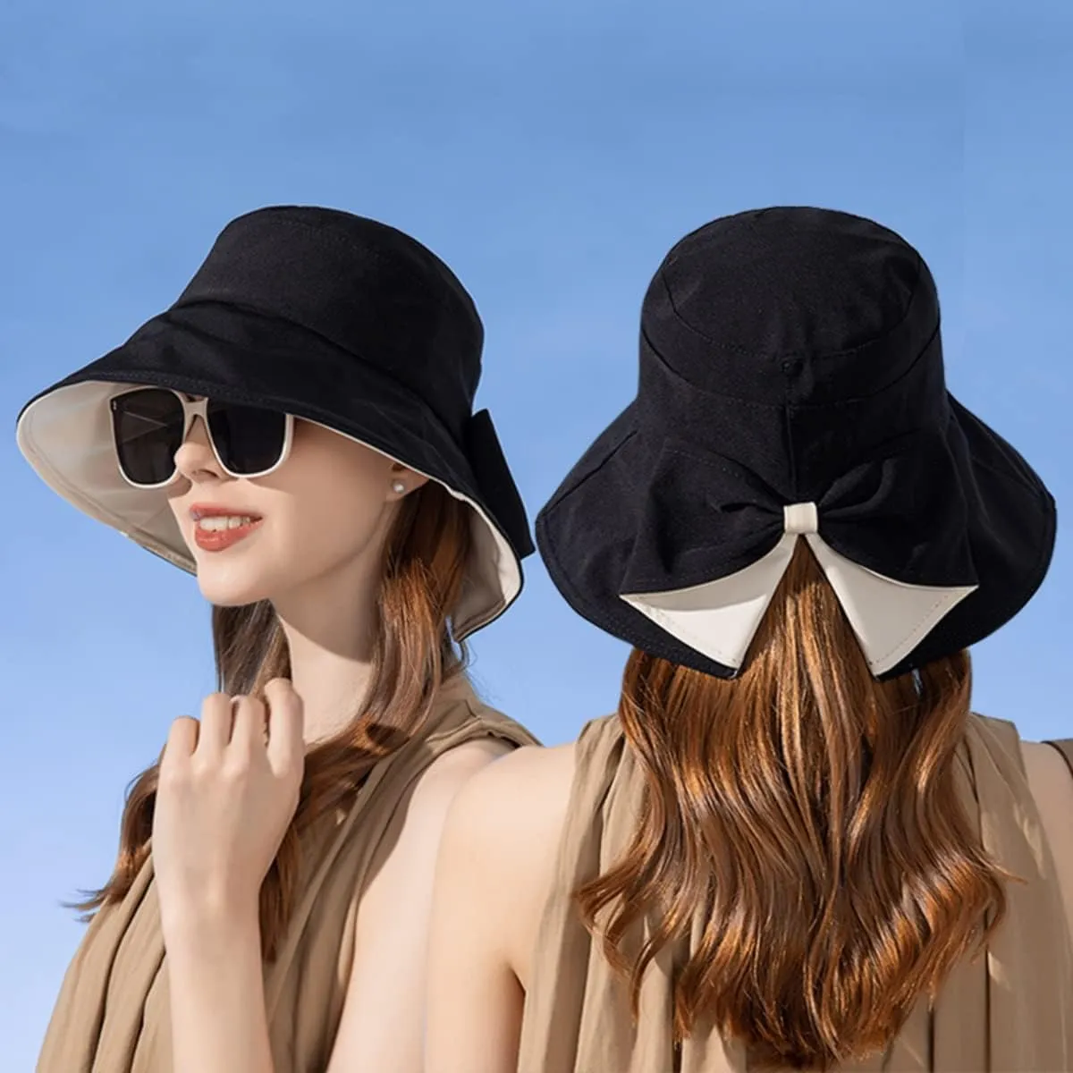 Womens Wide Brim Sun Hats UPF50  UV Packable Beach Hat Summer Bow Decoration Bucket Cap for Travel