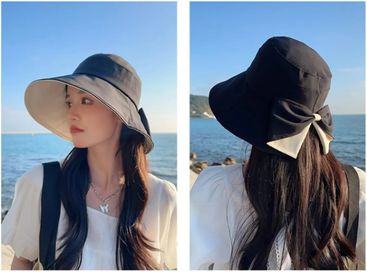 Womens Wide Brim Sun Hats UPF50  UV Packable Beach Hat Summer Bow Decoration Bucket Cap for Travel